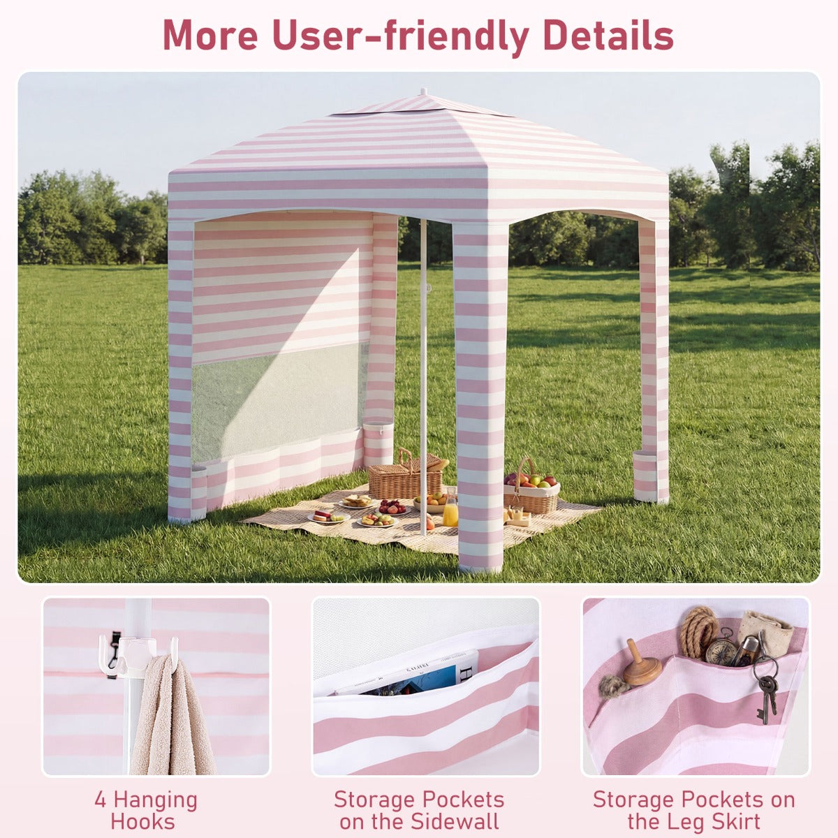 LIVSK Strandtent - PA-gecoat Polyester - Verstelbare Hoogte - Eenvoudige Opbouw - Lichtgewicht en Compact - Marineblauw/Roze