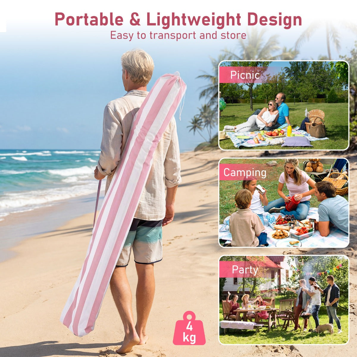 LIVSK Strandtent - PA-gecoat Polyester - Verstelbare Hoogte - Eenvoudige Opbouw - Lichtgewicht en Compact - Marineblauw/Roze