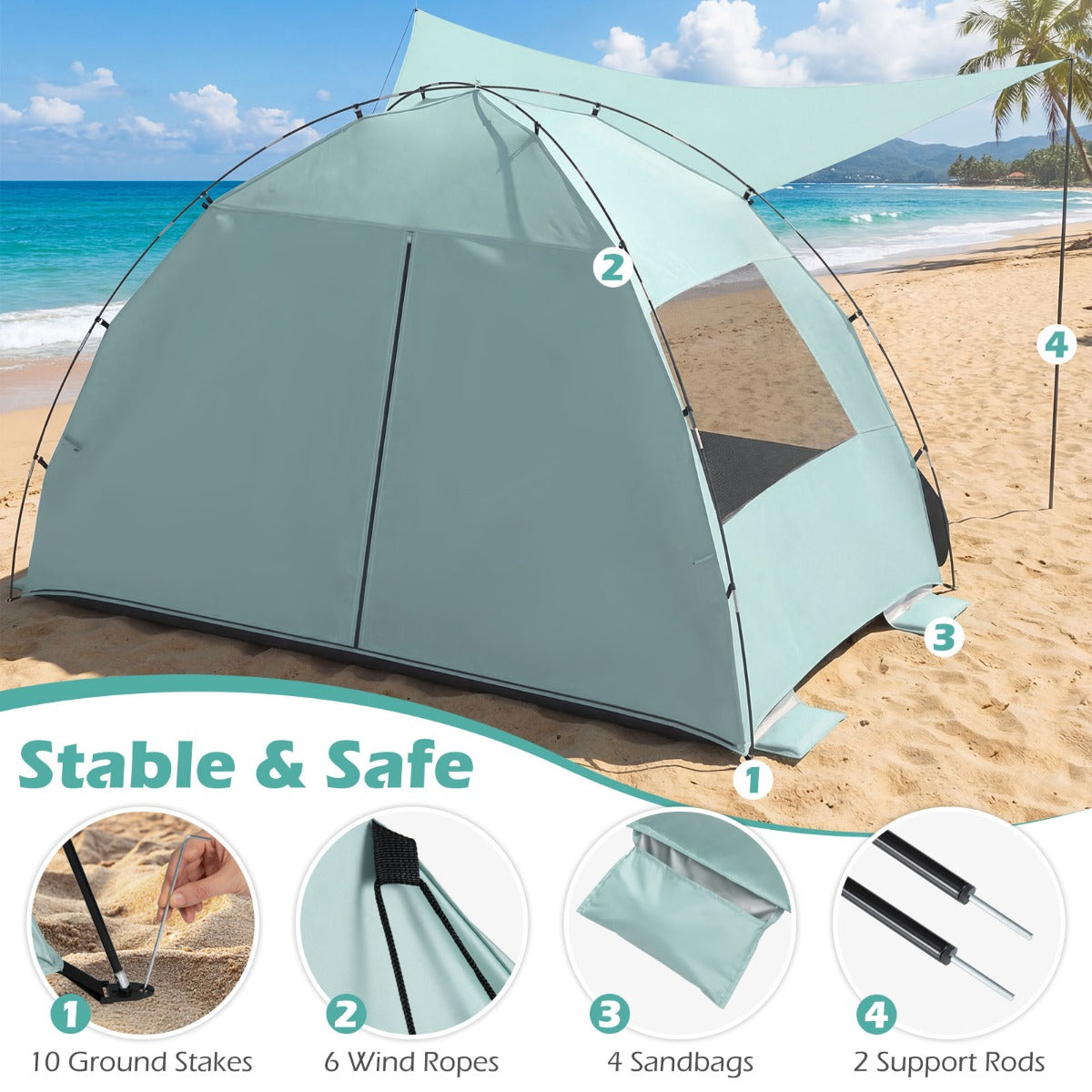 LIVSK Strandtent - Ruimte voor 5-6 Personen - UV-Bescherming - Uitstekende Ventilatie - Inclusief Draagtas - Blauw/Groen