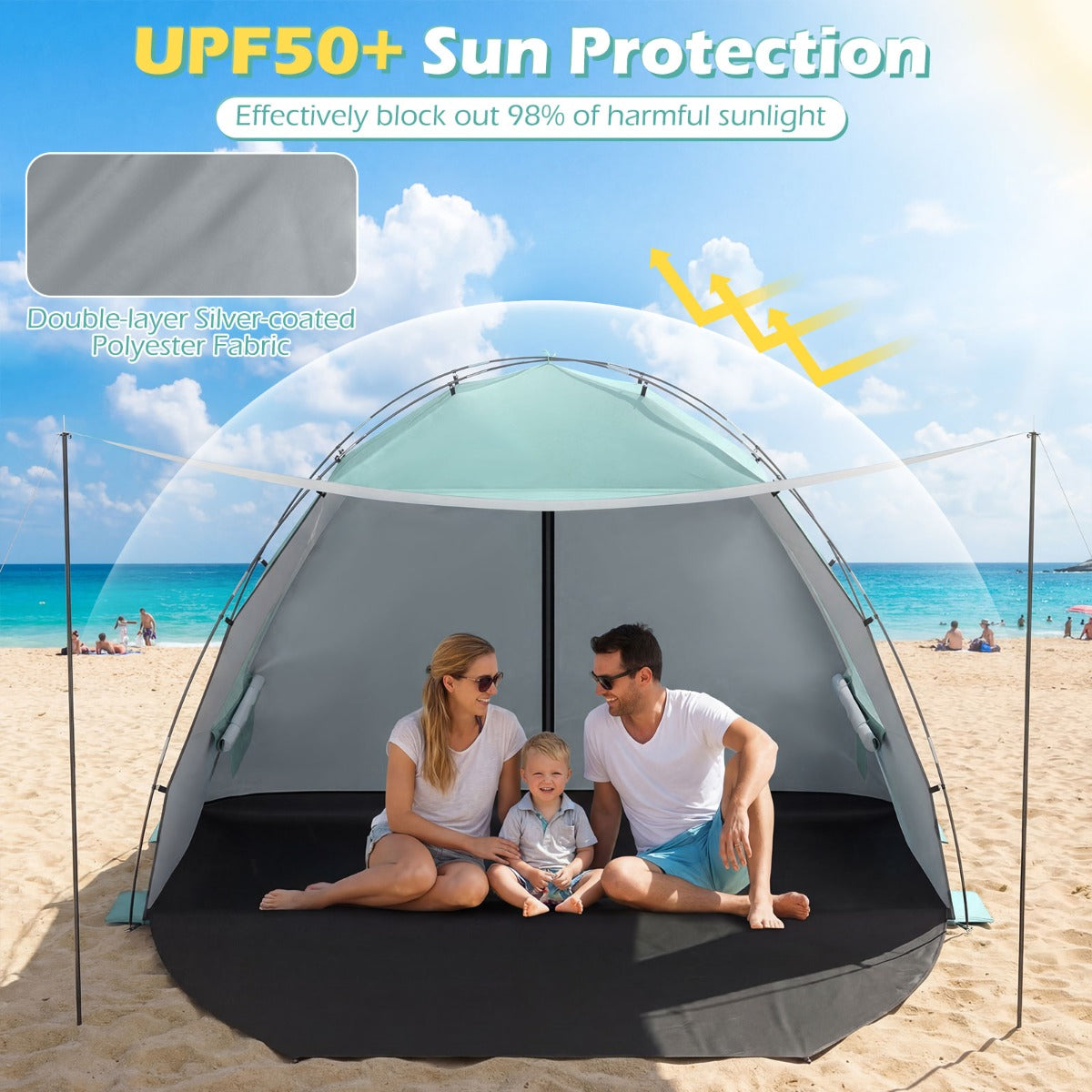 LIVSK Strandtent - Ruimte voor 5-6 Personen - UV-Bescherming - Uitstekende Ventilatie - Inclusief Draagtas - Blauw/Groen