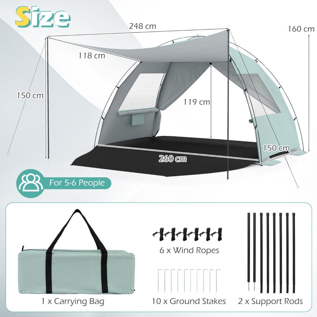 LIVSK Strandtent - Voor 5-6 Personen - Zilverkleurig Polyester - Uitstekende Ventilatie - Inclusief Draagtas - Blauw/Groen