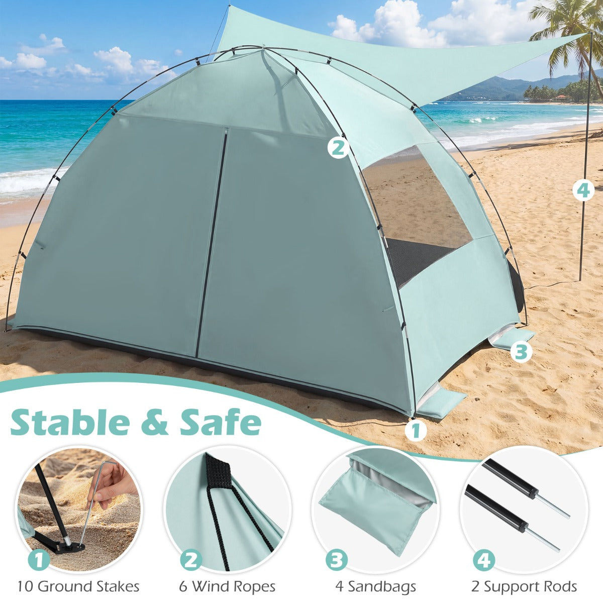 LIVSK Strandtent - Voor 5-6 Personen - Zilverkleurig Polyester - Uitstekende Ventilatie - Inclusief Draagtas - Blauw/Groen