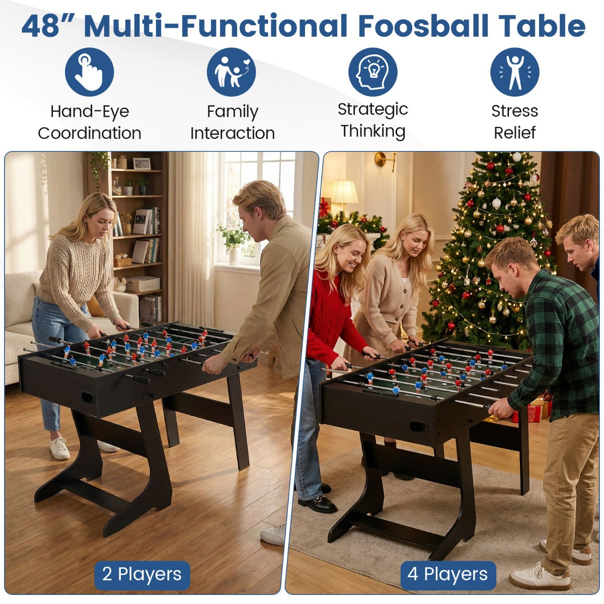 LIVSK Tafelvoetbaltafel - Stevig MDF-frame - Opvouwbaar - Ergonomische Handgrepen - Geschikt voor 2 tot 4 Spelers - Zwart/Naturel