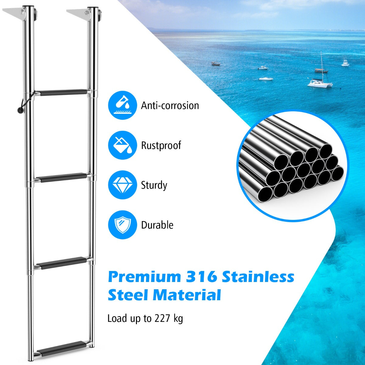LIVSK Telescopische Bootladder - 4 Treden - Roestvrij Staal - Antislip Treden - Capaciteit 227 kg - Zilver