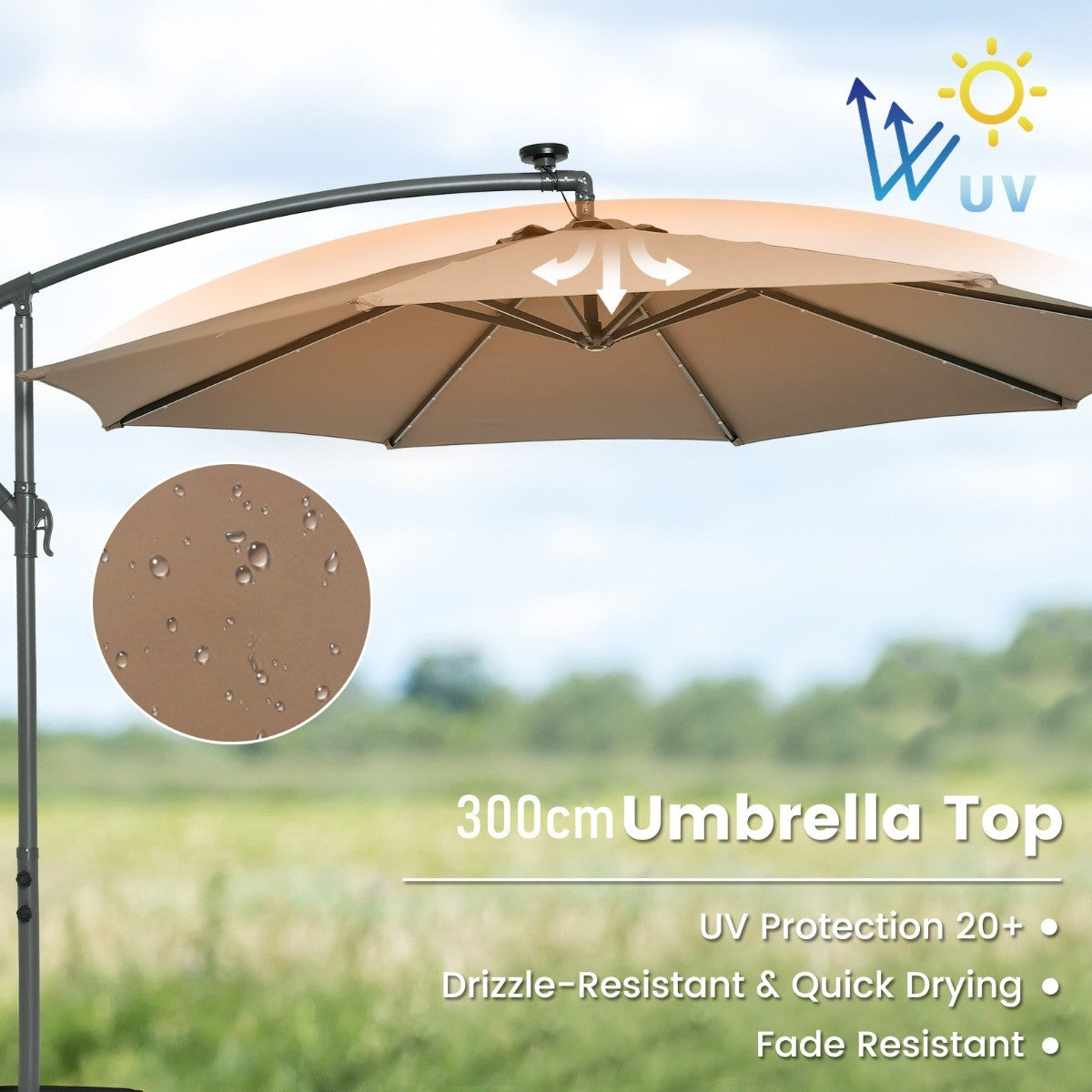LIVSK Terrasparasol - 3 Meter Overkapping - 32 LED-Lichten - Water- en UV-Bescherming - Stevig Frame - Bruin