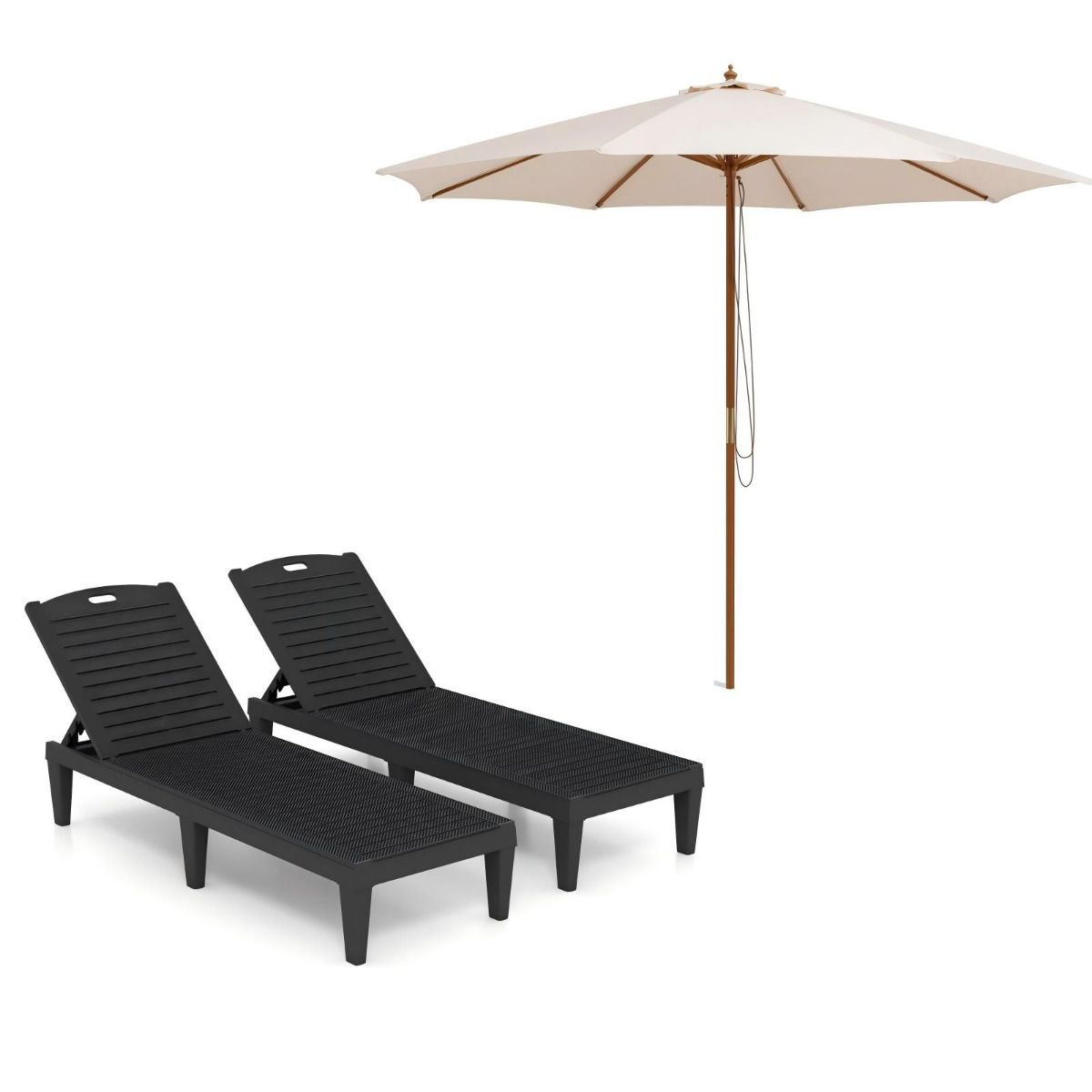 LIVSK Terrasparasol en Ligstoelen Set - Gebruiksvriendelijk Touwrolsysteem - Verstelbare Rugleuning - Duurzaam Polyester -
