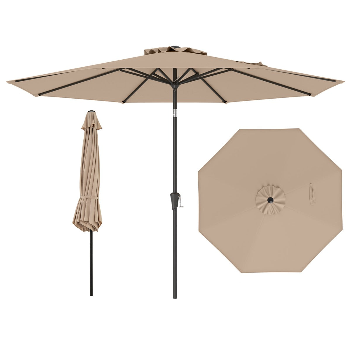 LIVSK Terrasparasol - Kantelbaar - 8 Baleinen - Eenvoudig met Zwengel - Polyester en PA-coating - 303 x 253 cm - Bruin