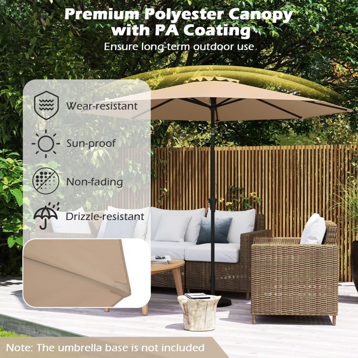 LIVSK Terrasparasol - Kantelbaar - 8 Baleinen - Eenvoudig met Zwengel - Polyester en PA-coating - 303 x 253 cm - Bruin