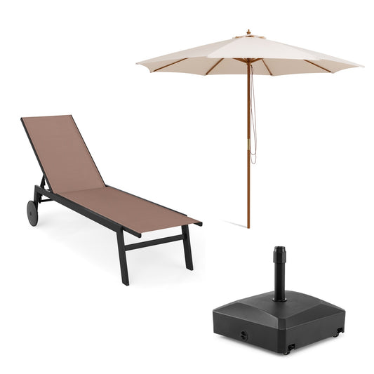 LIVSK Terrasparasol met Voet en Tuinligstoel - Verstelbare Hoogte - Geventileerd Polyester - Stevig Houten Frame - Beige/Zwart