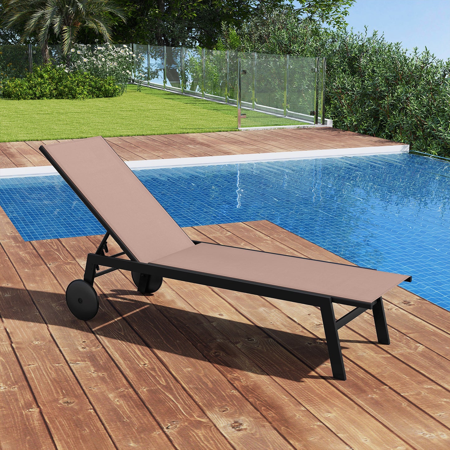 LIVSK Terrasparasol met Voet en Tuinligstoel - Verstelbare Hoogte - Geventileerd Polyester - Stevig Houten Frame - Beige/Zwart