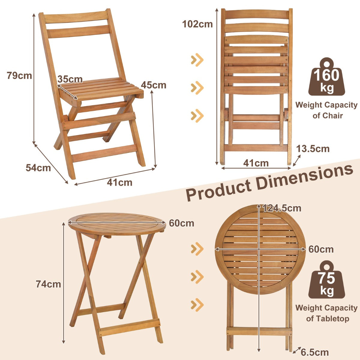 LIVSK Terrasset - Premium Acaciahout - Opvouwbaar Ontwerp - Comfortabele Stoelen - Natuurlijk