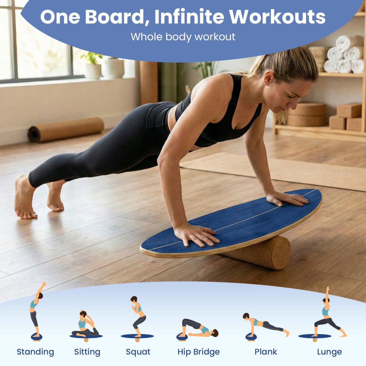 LIVSK Trainingsset Balansbord - 11-laags Berkenmultiplex - Inclusief Kurken Roller en Opberghouder - Draagvermogen 150 kg -