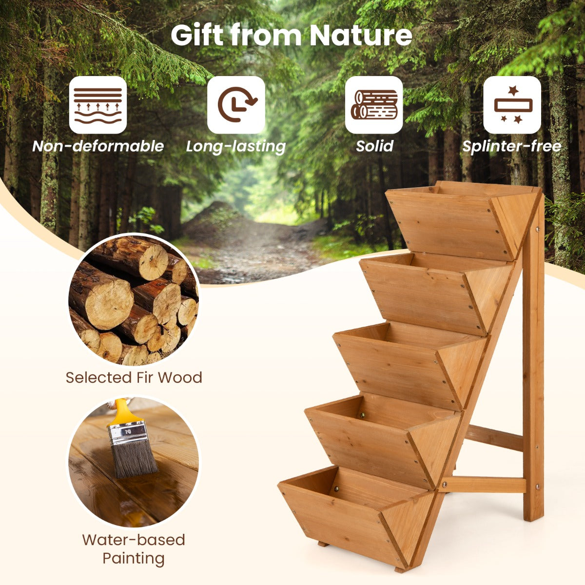 LIVSK Trapsgewijze Plantenbak - Verhoogd Ontwerp - Natuurlijk Dennenhout - Compact voor Balkon - Naturel/Oranje