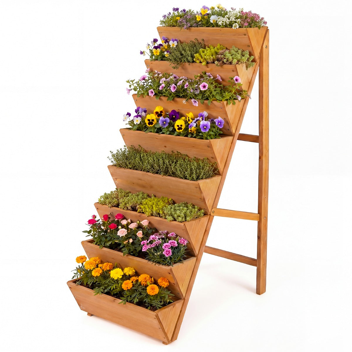 LIVSK Trapvormige Plantenbak - Hoogwaardig Dennenhout - Compact voor Balkon - Stabiele Driehoekige Structuur - Naturel/Oranje