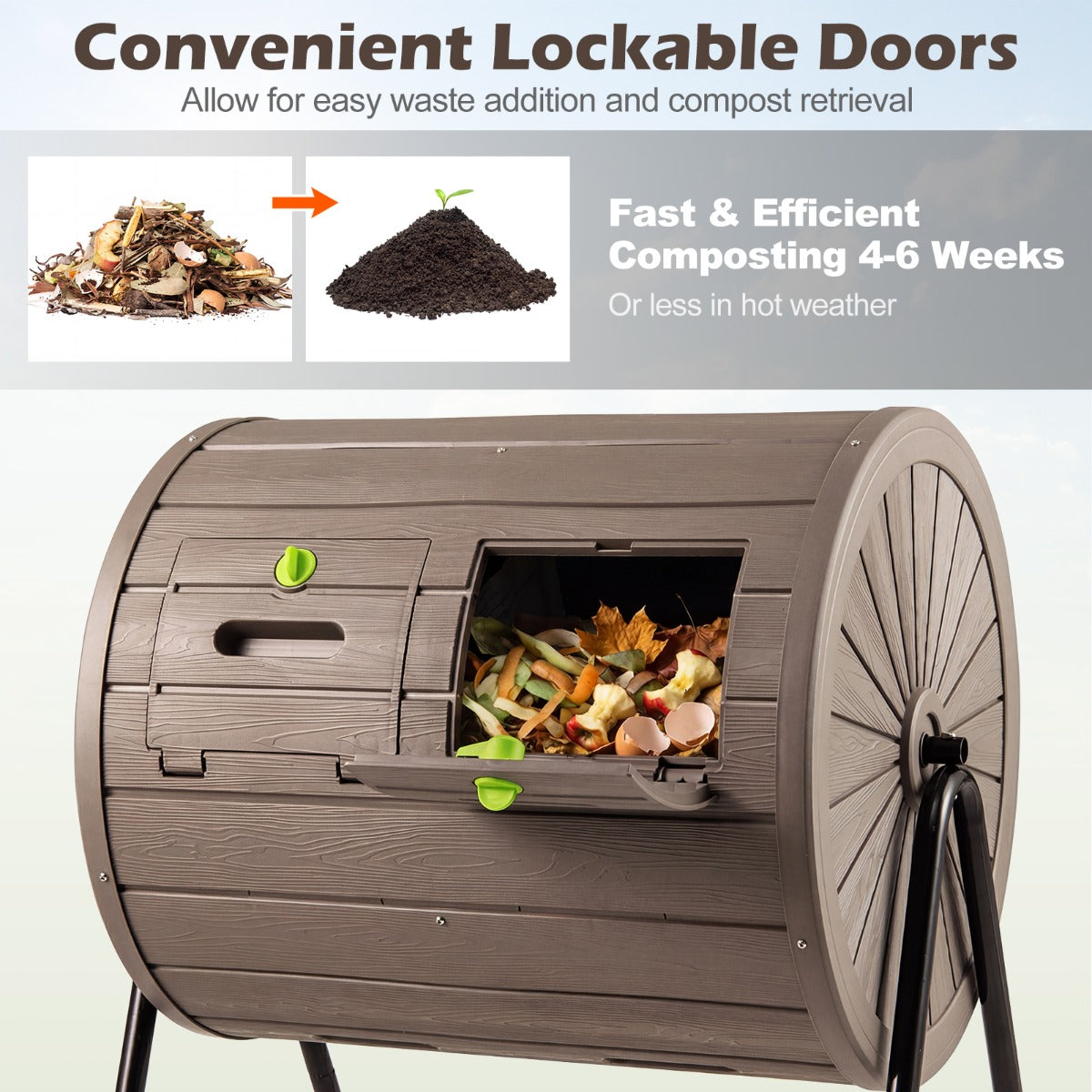LIVSK Trommelcomposter 142 L - 2 Kamers - Afsluitbare Deuren - Buiten Compostbak - Bruin