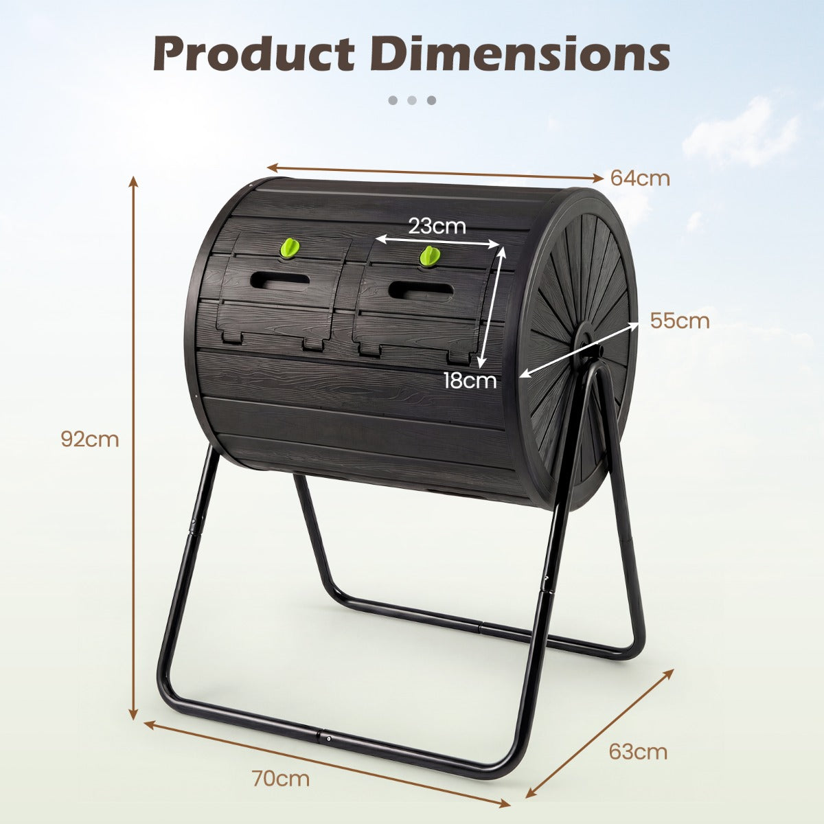 LIVSK Trommelcomposter - Afsluitbare Deuren - 142 L Capaciteit - 2 Kamers - Zwart