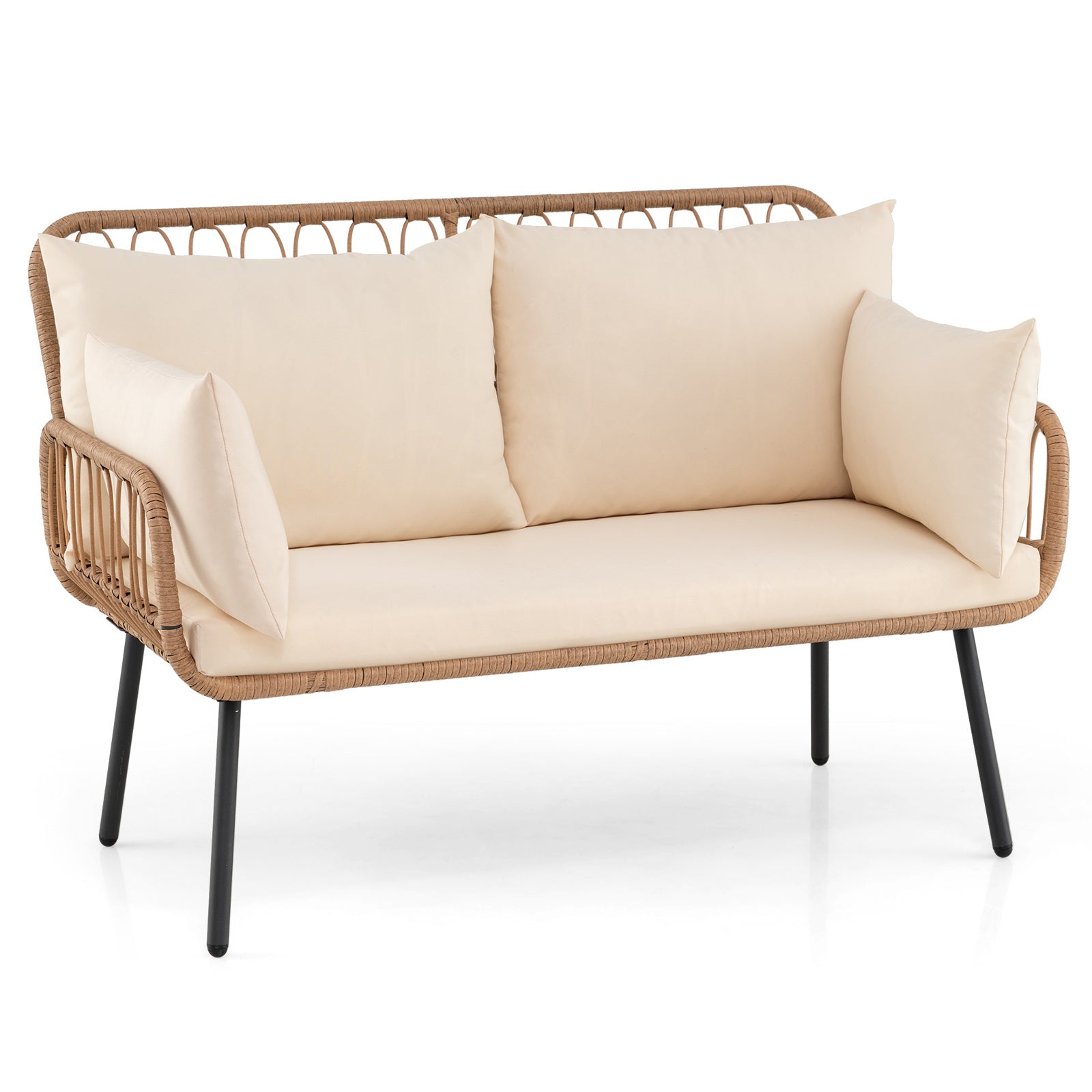LIVSK Tuinbank 2-zits - Polyrattan Design - Extra Dikke Kussens - Robuust Metalen Frame - Tot 300 kg - Natuurlijke Kleur