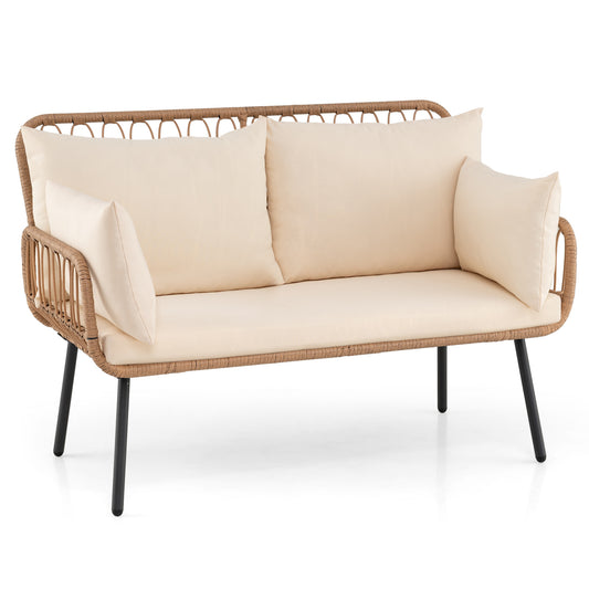 LIVSK Tuinbank 2-zits - Polyrattan Design - Extra Dikke Kussens - Robuust Metalen Frame - Tot 300 kg - Natuurlijke Kleur