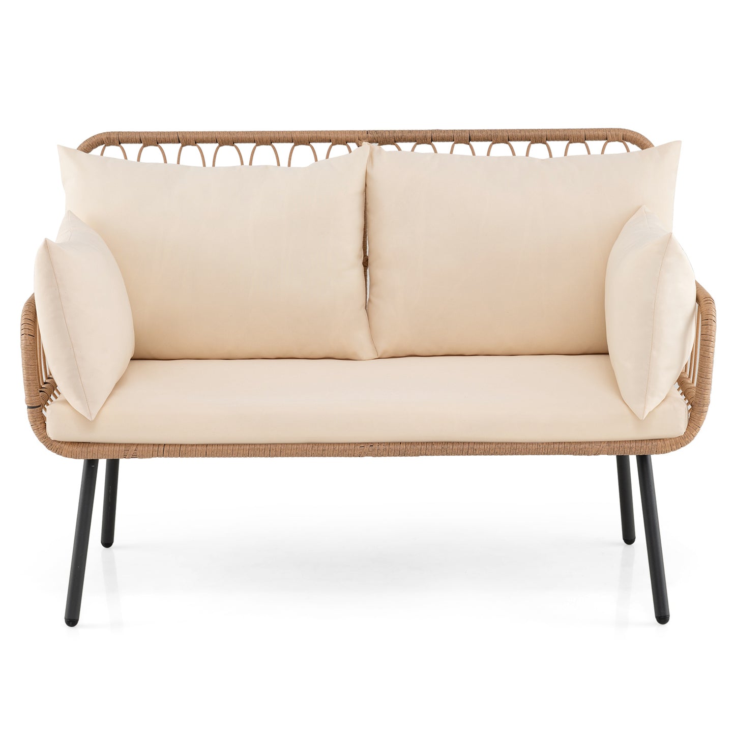 LIVSK Tuinbank 2-zits - Polyrattan Design - Extra Dikke Kussens - Robuust Metalen Frame - Tot 300 kg - Natuurlijke Kleur