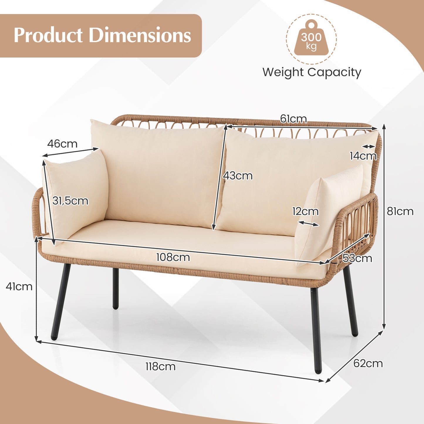 LIVSK Tuinbank 2-zits - Polyrattan Design - Extra Dikke Kussens - Robuust Metalen Frame - Tot 300 kg - Natuurlijke Kleur