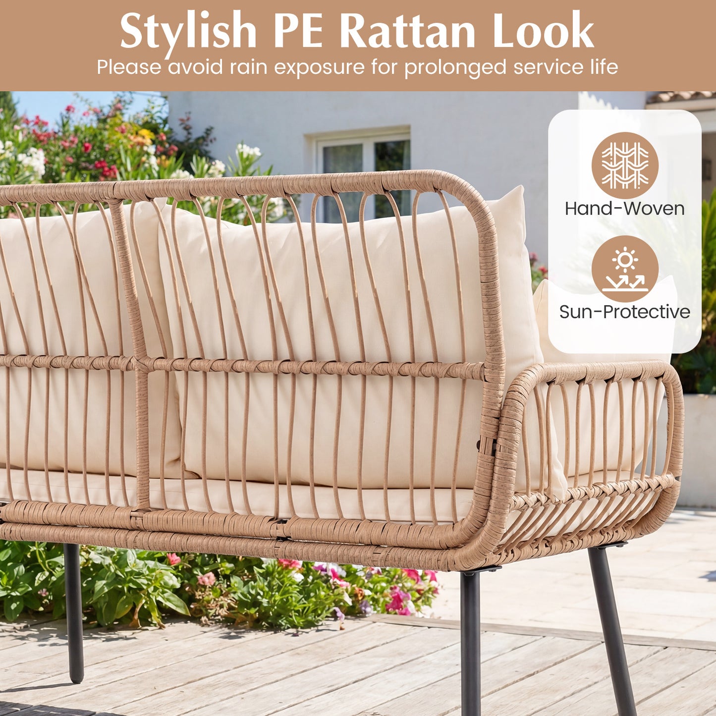 LIVSK Tuinbank 2-zits - Polyrattan Design - Extra Dikke Kussens - Robuust Metalen Frame - Tot 300 kg - Natuurlijke Kleur