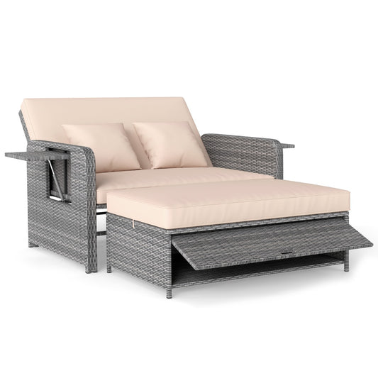 LIVSK Tuinbedset - Verstelbare Rugleuning - Inclusief Poef en Kussens - Stevig PE-Rotan - Gemengd Grijs