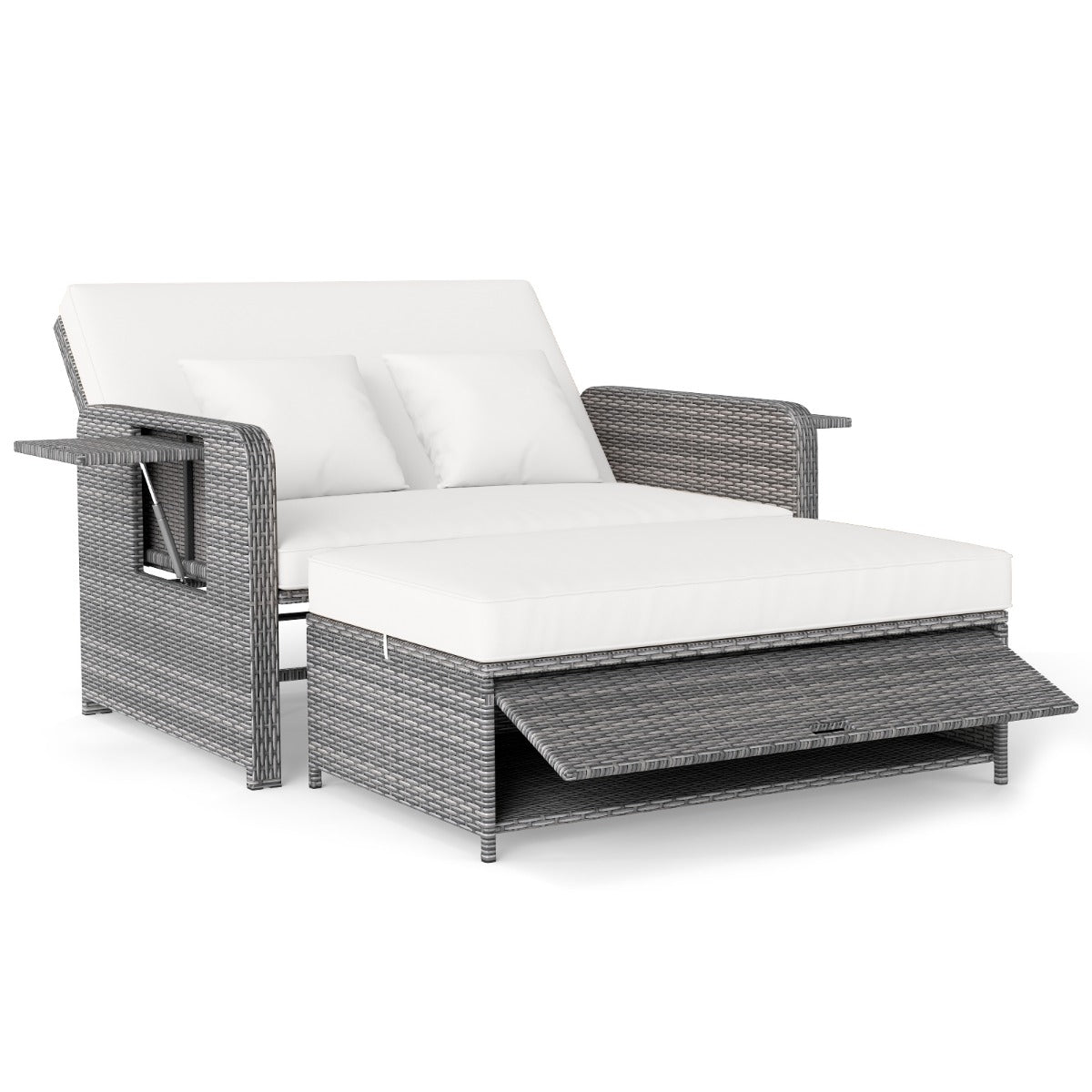 LIVSK Tuinbedset - Verstelbare Rugleuning - PE-Rotan en Metaal - Inclusief Kussens en Bijzettafels - Mix Grijs/Wit