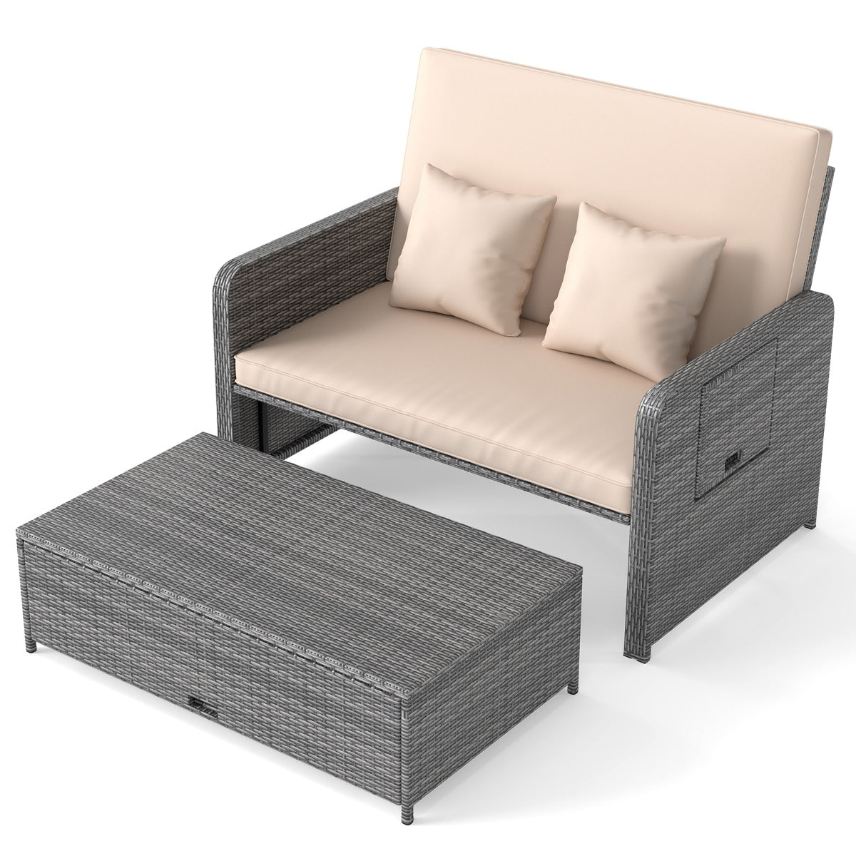 LIVSK Tuinbedset - Verstelbare Rugleuning - PE-Rotan en Metaal - Inclusief Kussens en Opklapbare Tafels - Gemengd Grijs