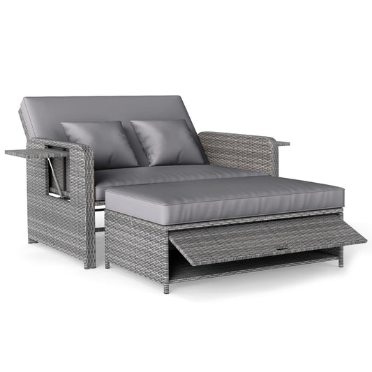 LIVSK Tuinbedset - Verstelbare Rugleuning - PE-Rotan en Metaal - Inclusief Kussens en Poef - Geschikt voor Buiten - Gemengd Grijs