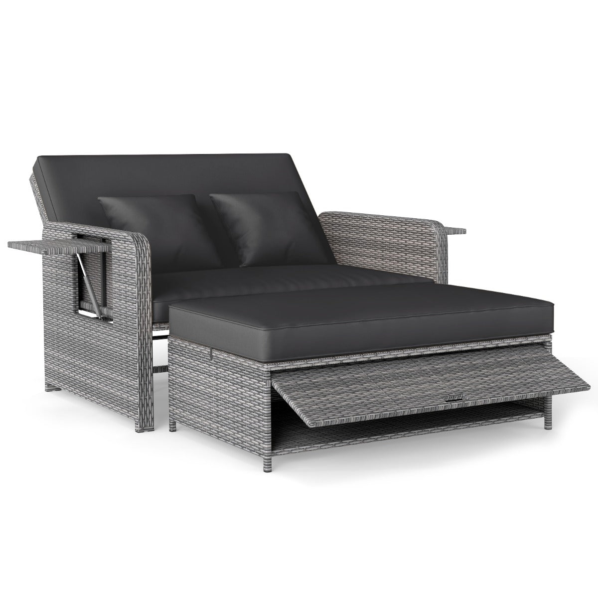 LIVSK Tuinbedset - Verstelbare Rugleuning - PE-Rotan - Inclusief Kussens en Poef - Capaciteit 360 kg - Gemengd Grijs