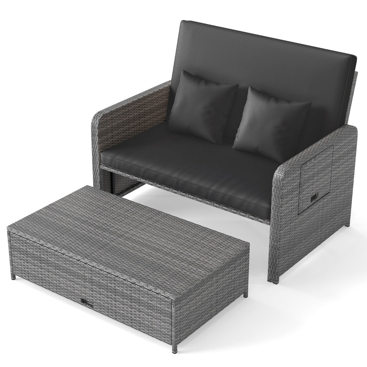 LIVSK Tuinbedset - Verstelbare Rugleuning - PE-Rotan - Inclusief Kussens en Poef - Capaciteit 360 kg - Gemengd Grijs