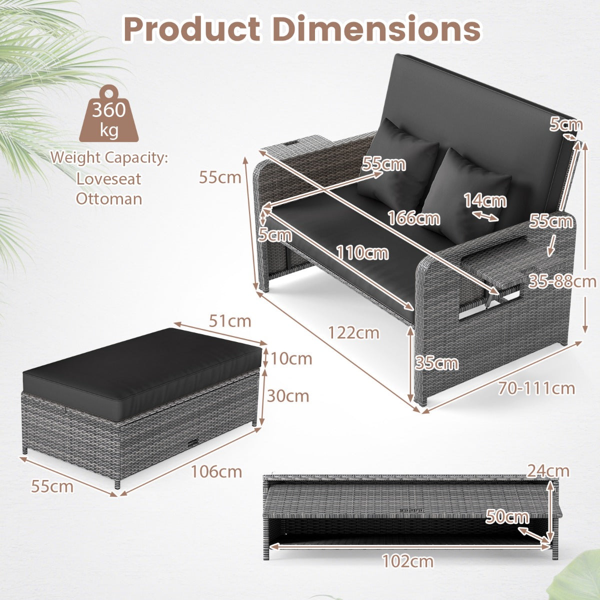LIVSK Tuinbedset - Verstelbare Rugleuning - PE-Rotan - Inclusief Kussens en Poef - Capaciteit 360 kg - Gemengd Grijs