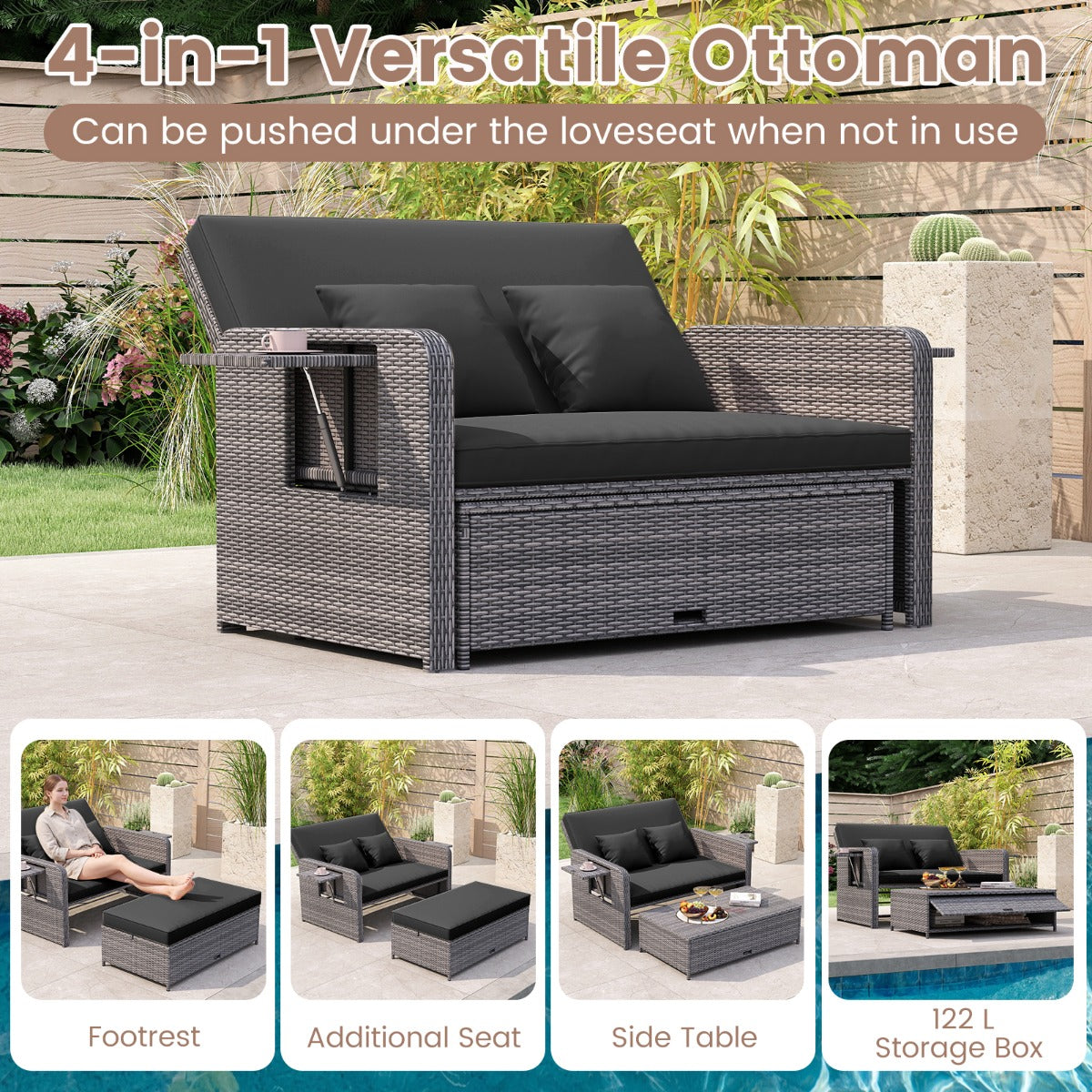 LIVSK Tuinbedset - Verstelbare Rugleuning - PE-Rotan - Inclusief Kussens en Poef - Capaciteit 360 kg - Gemengd Grijs