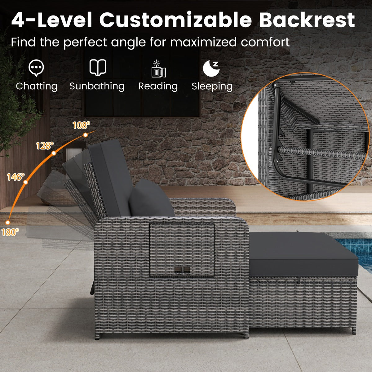 LIVSK Tuinbedset - Verstelbare Rugleuning - PE-Rotan - Inclusief Kussens en Poef - Capaciteit 360 kg - Gemengd Grijs