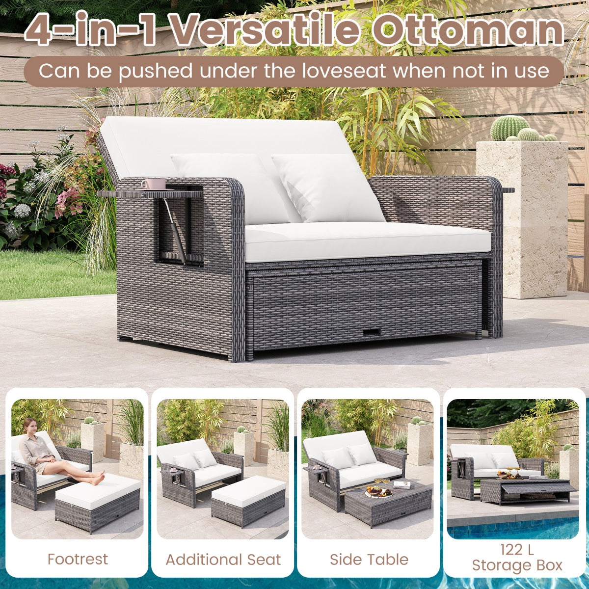 LIVSK Tuinbedset - Verstelbare Rugleuning - PE-Rotan & Metalen Frame - Inclusief Kussens en Opklapbare Tafels - Gemengd Grijs