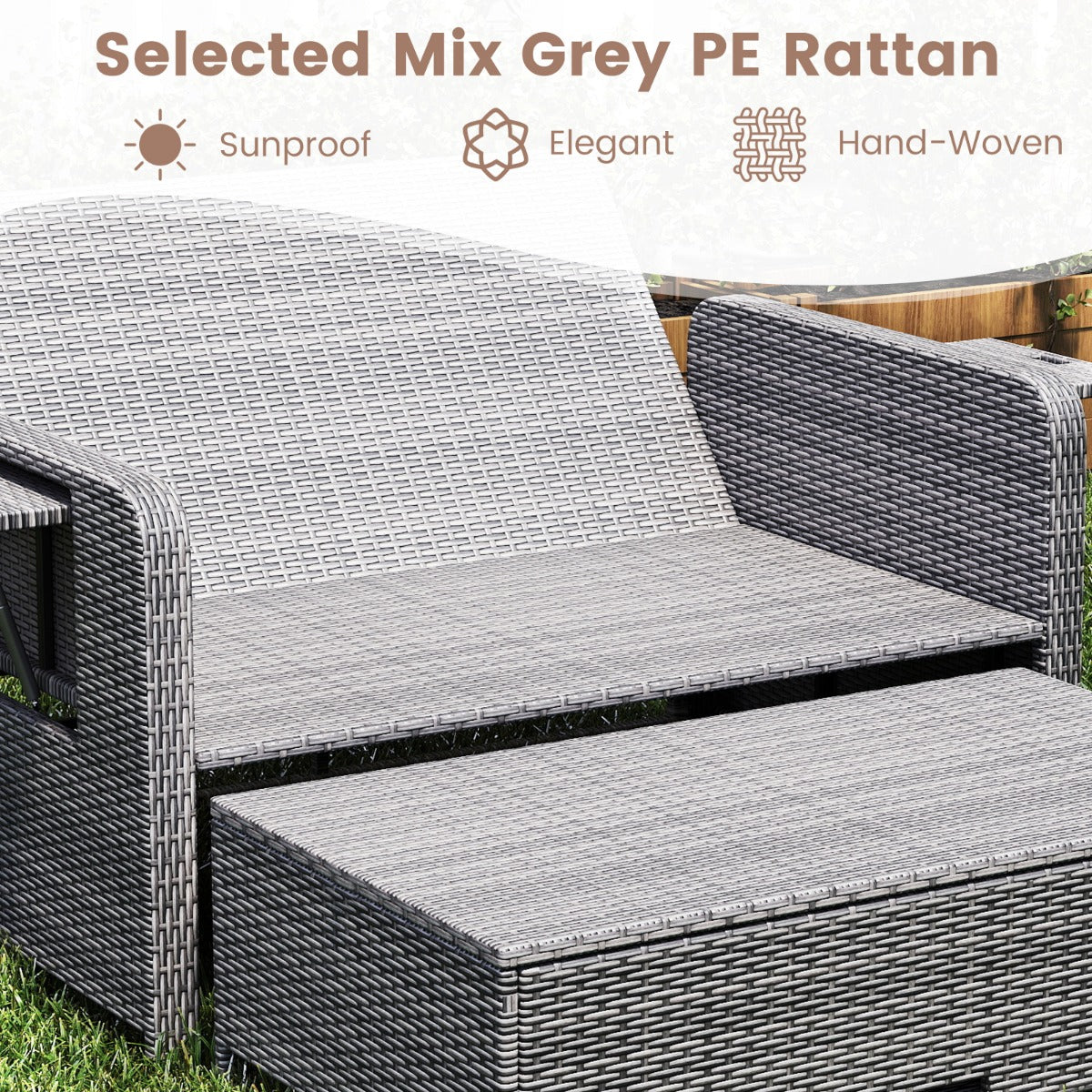 LIVSK Tuinbedset - Verstelbare Rugleuning - PE-Rotan & Metalen Frame - Inclusief Kussens en Opklapbare Tafels - Gemengd Grijs