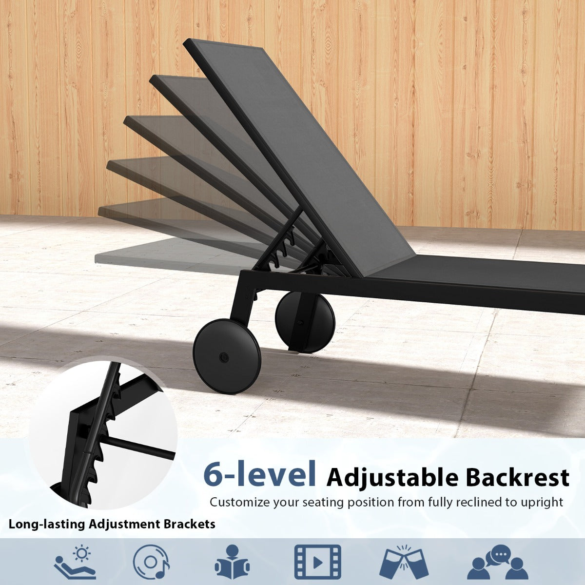 LIVSK Tuinligstoel met Wielen - Verstelbare Rugleuning - Duurzame Bekleding - Sterk Metalen Frame - Tot 150 kg - Grijs
