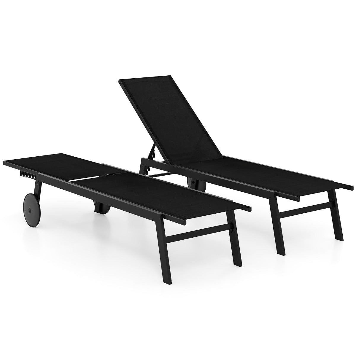 LIVSK Tuinligstoel Op Wielen - 6-voudig Verstelbare Rugleuning - Ademend en Sneldrogend - Stabiel Metalen Frame - Zwart