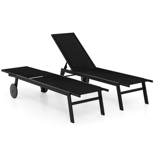 LIVSK Tuinligstoel Op Wielen - 6-voudig Verstelbare Rugleuning - Ademend en Sneldrogend - Stabiel Metalen Frame - Zwart