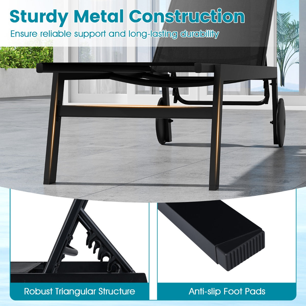LIVSK Tuinligstoel Op Wielen - 6-voudig Verstelbare Rugleuning - Ademend en Sneldrogend - Stabiel Metalen Frame - Zwart