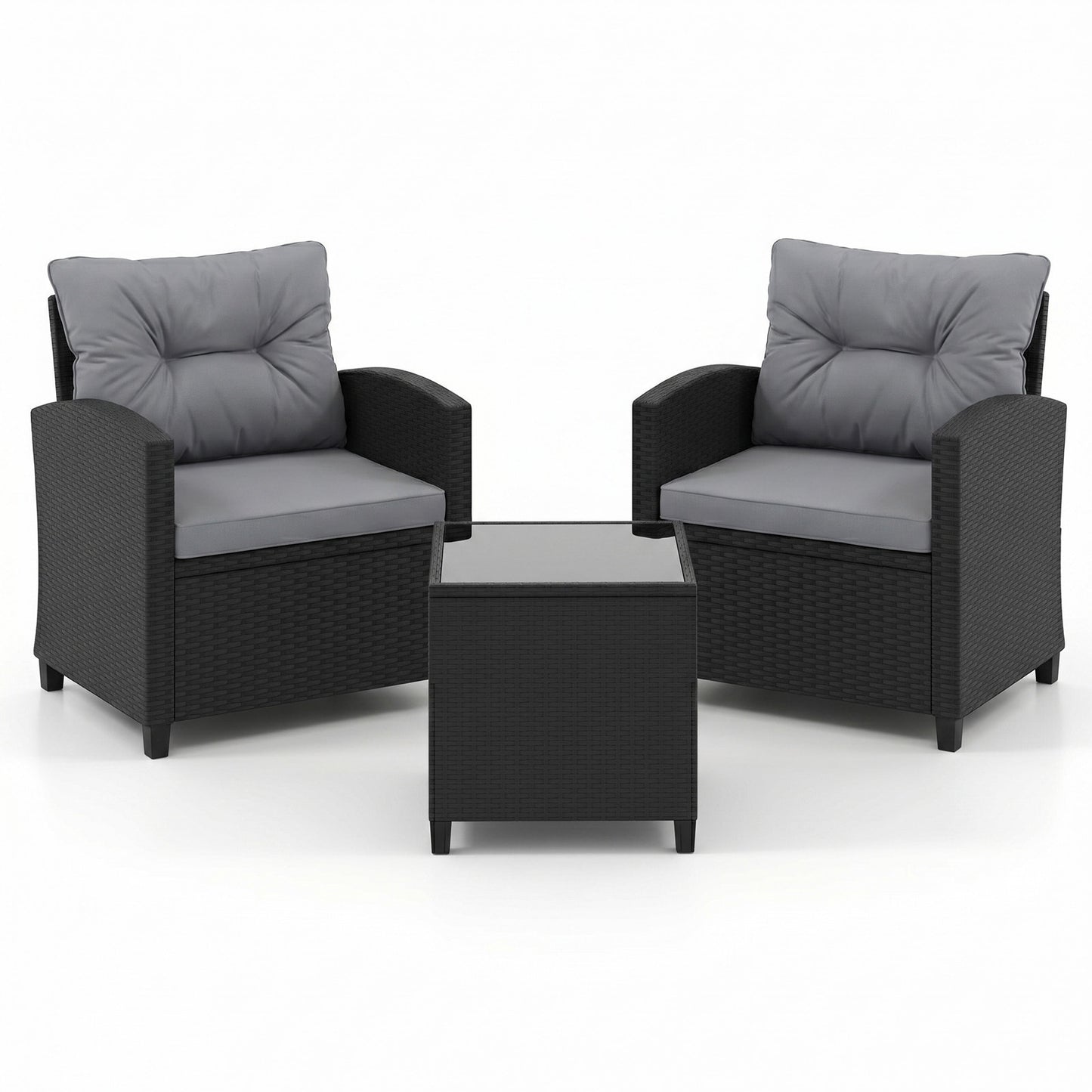 LIVSK Tuinmeubelset - 2 Comfortabele Stoelen - Bijzettafel met Glazen Blad - Duurzaam Rattan - Crème/Beige/Zwart/Grijs