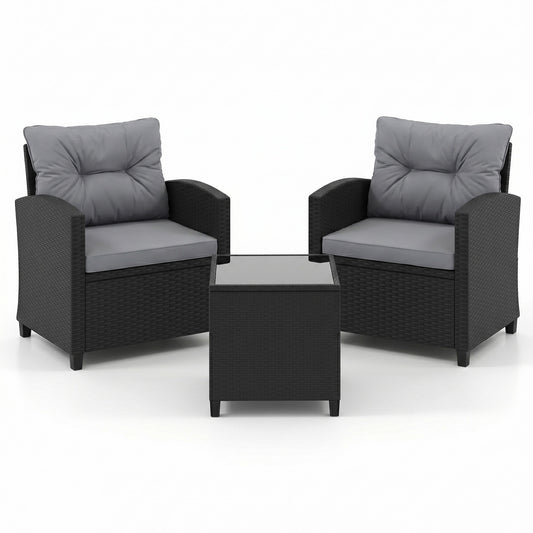 LIVSK Tuinmeubelset - 2 Comfortabele Stoelen - Bijzettafel met Glazen Blad - Duurzaam Rattan - Crème/Beige/Zwart/Grijs