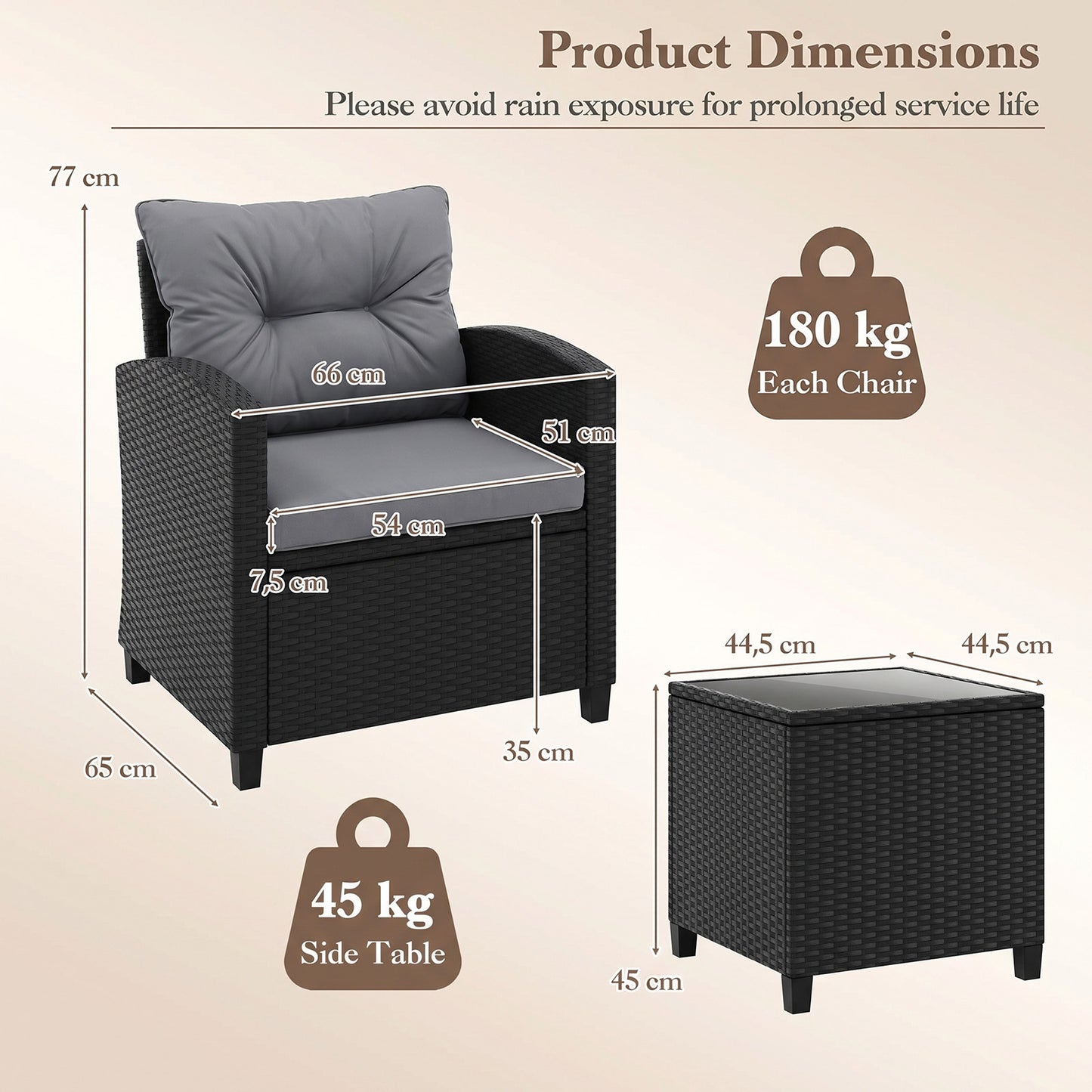 LIVSK Tuinmeubelset - 2 Comfortabele Stoelen - Bijzettafel met Glazen Blad - Duurzaam Rattan - Crème/Beige/Zwart/Grijs
