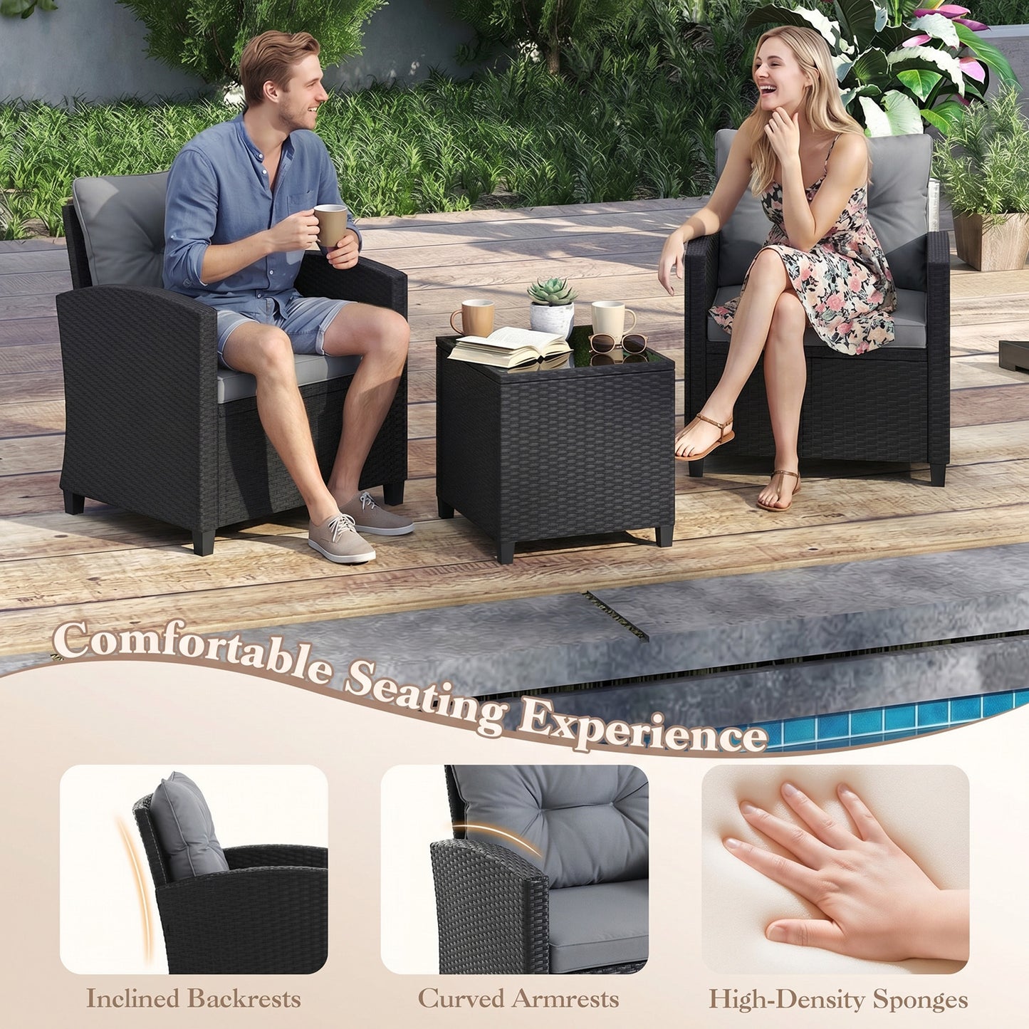 LIVSK Tuinmeubelset - 2 Comfortabele Stoelen - Bijzettafel met Glazen Blad - Duurzaam Rattan - Crème/Beige/Zwart/Grijs
