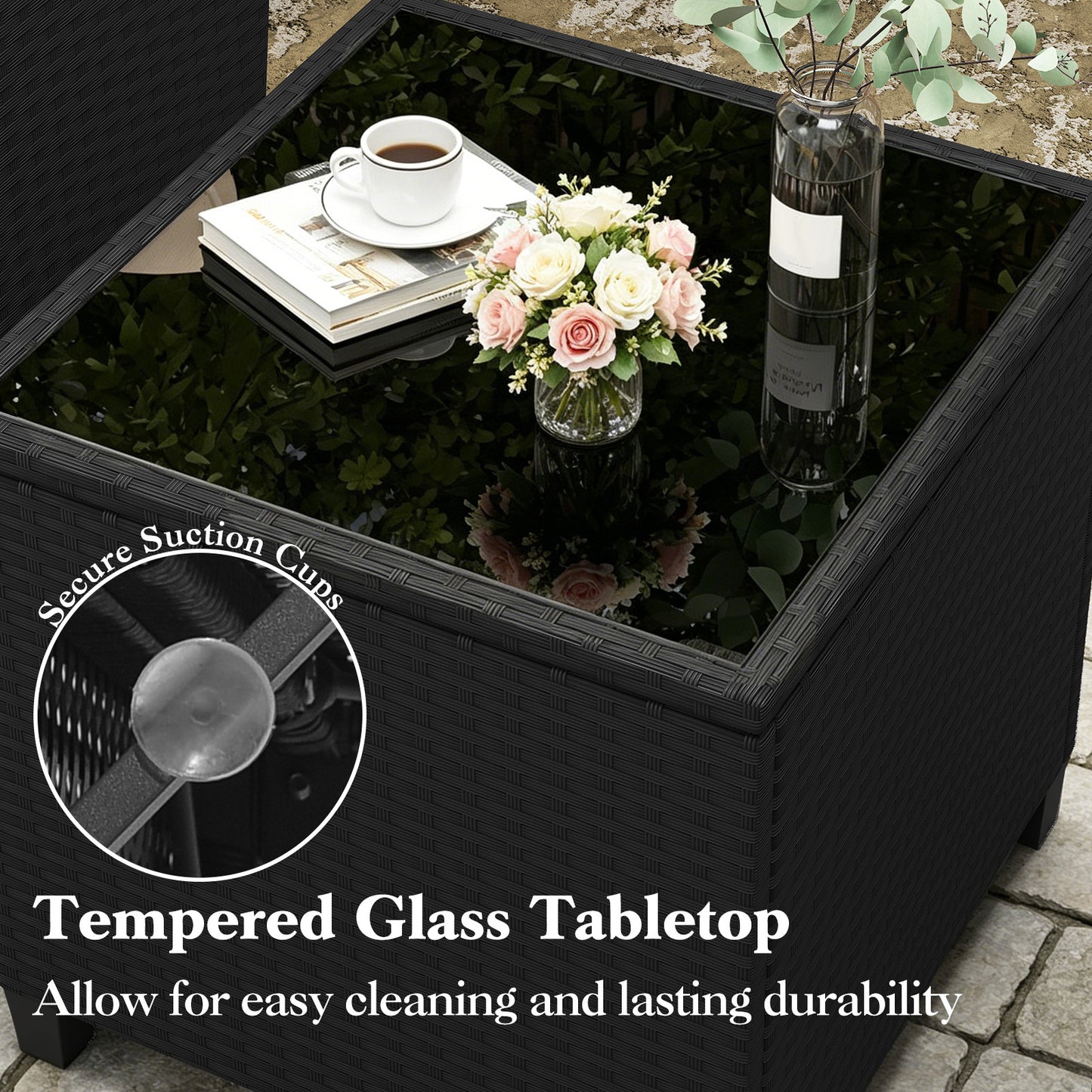LIVSK Tuinmeubelset - 2 Comfortabele Stoelen - Bijzettafel met Glazen Blad - Duurzaam Rattan - Crème/Beige/Zwart/Grijs