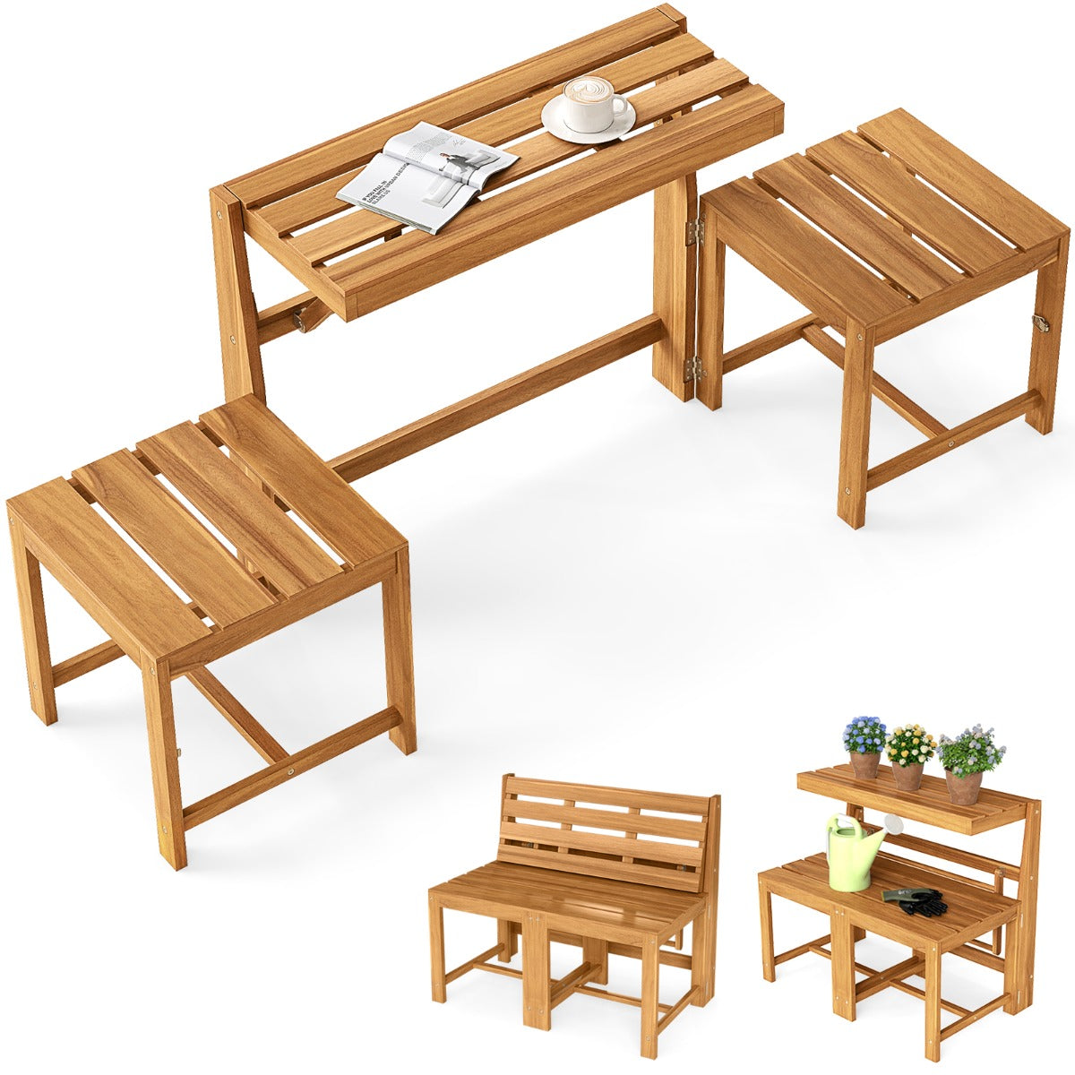 LIVSK Tuinmeubelset - 3-in-1 Ontwerp - Massief Acaciahout - Ergonomisch Zitcomfort - Stabiele Constructie - Naturel