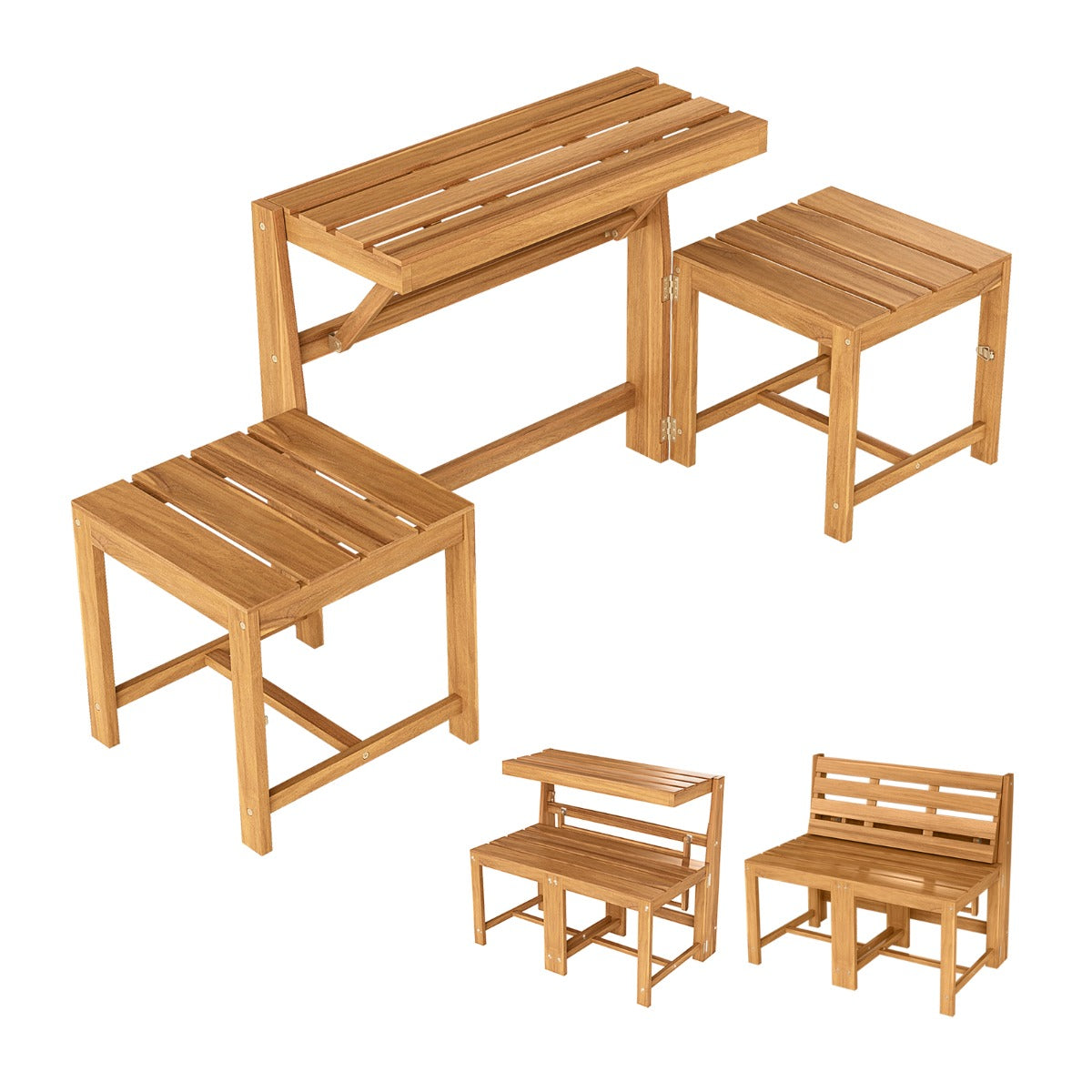 LIVSK Tuinmeubelset - 3-in-1 Ontwerp - Massief Acaciahout - Ergonomisch Zitcomfort - Stabiele Constructie - Naturel