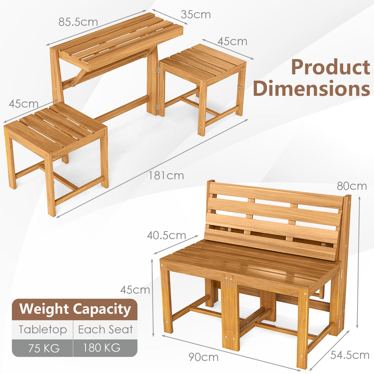 LIVSK Tuinmeubelset - 3-in-1 Ontwerp - Massief Acaciahout - Ergonomisch Zitcomfort - Stabiele Constructie - Naturel
