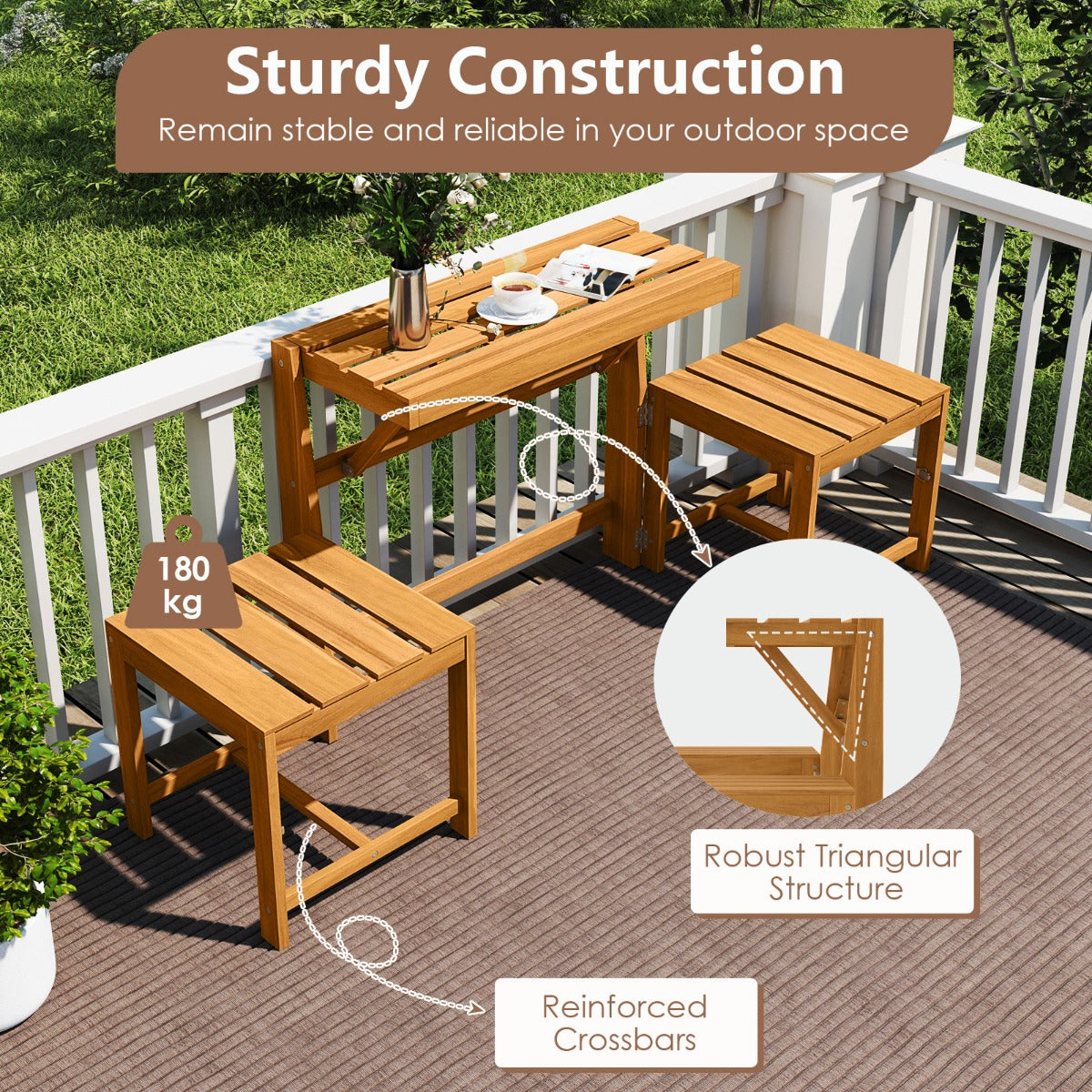 LIVSK Tuinmeubelset - 3-in-1 Ontwerp - Massief Acaciahout - Ergonomisch Zitcomfort - Stabiele Constructie - Naturel