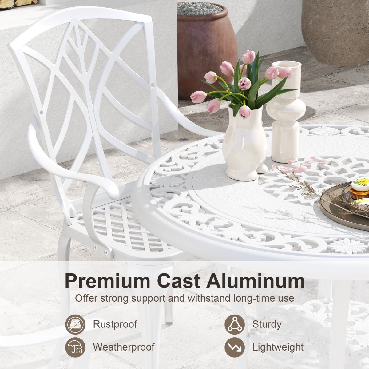 LIVSK Tuinmeubelset - Gegoten Aluminium - Comfortabele Stoelen - Ruim Tafelblad - Parasolgat - Wit